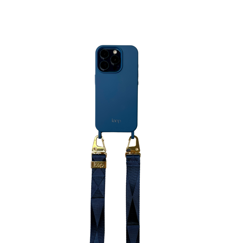 Kék széles nyakbaakasztó - arany/ezüst karabinerrel