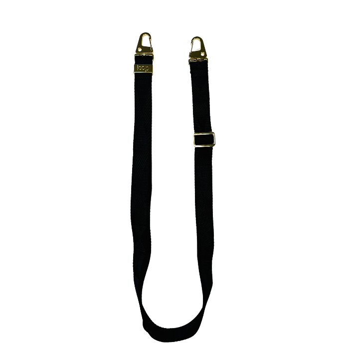 Éjfekete széles nyakbaakasztó - arany/ezüst karabinerrel