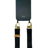 Éjfekete széles nyakbaakasztó - arany/ezüst karabinerrel