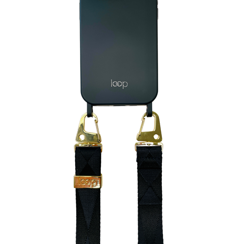 Éjfekete széles nyakbaakasztó - arany/ezüst karabinerrel