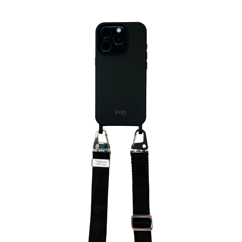 Éjfekete széles nyakbaakasztó - arany/ezüst karabinerrel