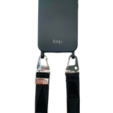 Éjfekete széles nyakbaakasztó - arany/ezüst karabinerrel