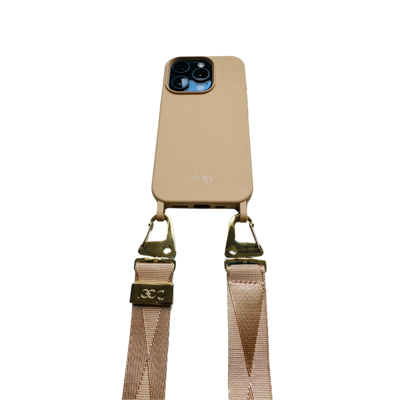 Bézs széles nyakbaakasztó - arany/ezüst karabinerrel